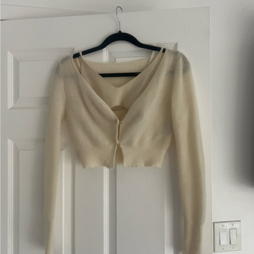 Cream Cropped Cardigan Sweater cashmere with matching bra